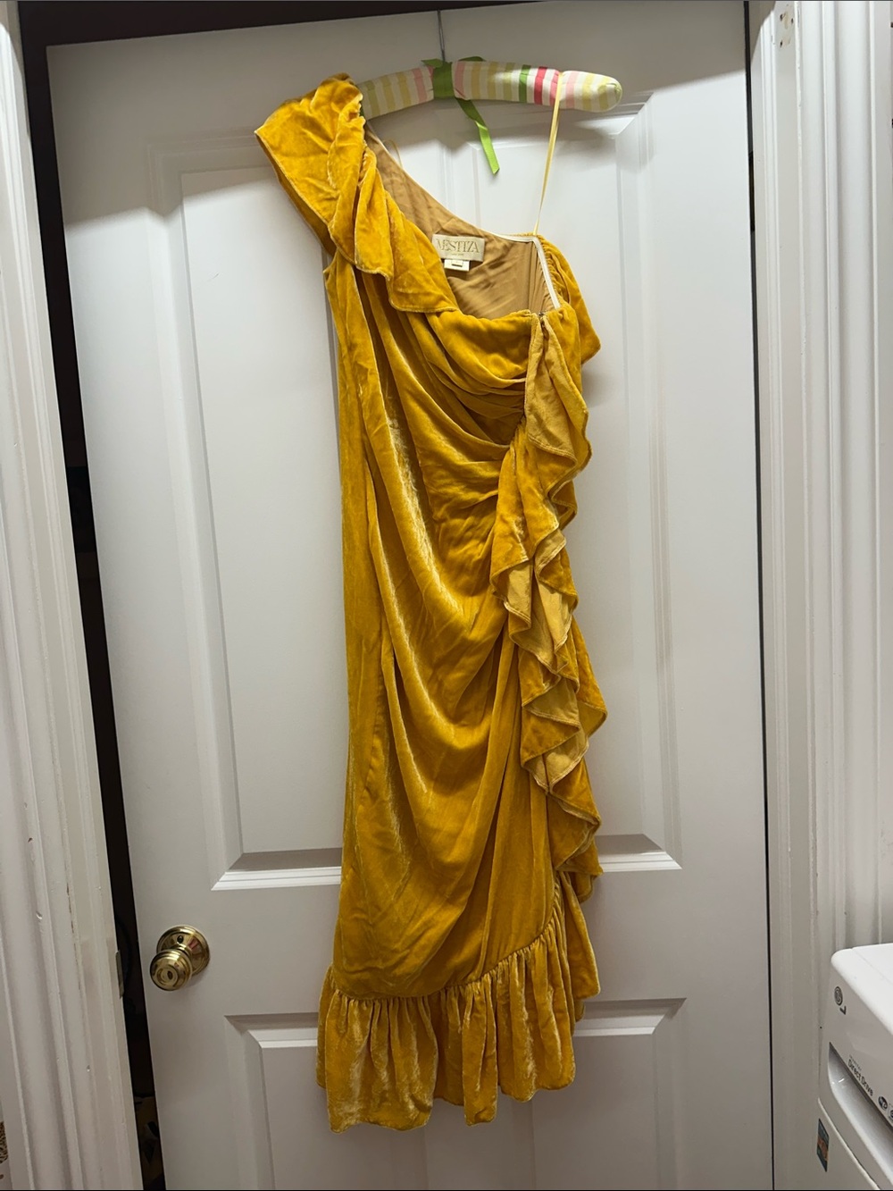 Mestiza - size 0 One-Shoulder Ruffle Velvet Dress in Mustard